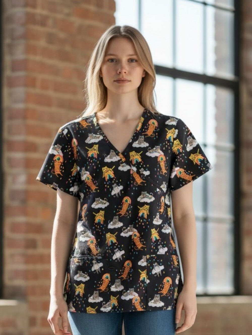 Black V-Neck Scrub Top with Colorful Cats Print In Euc